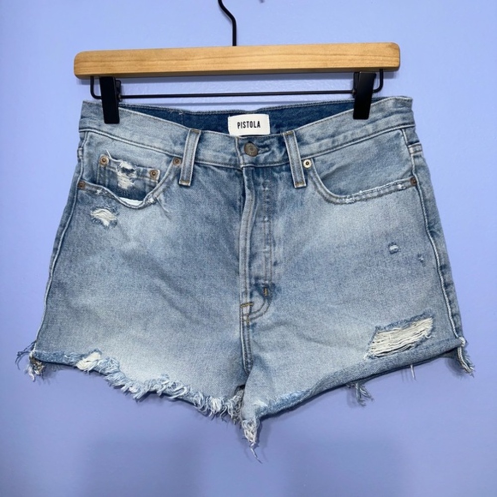 pistola Light Blue Distressed Denim Jean Shorts - Picture 1 of 7